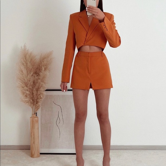 ZARA 2 piece Tangerine Tied Crop Blazer and Skort - Picture 7 of 11